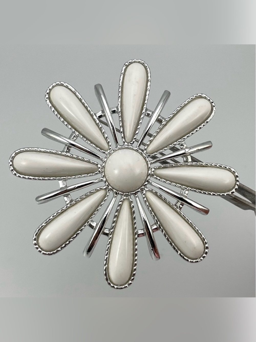 Vintage Coventry White Enamel Flower Brooch Silver Tone 3” Statement Pin